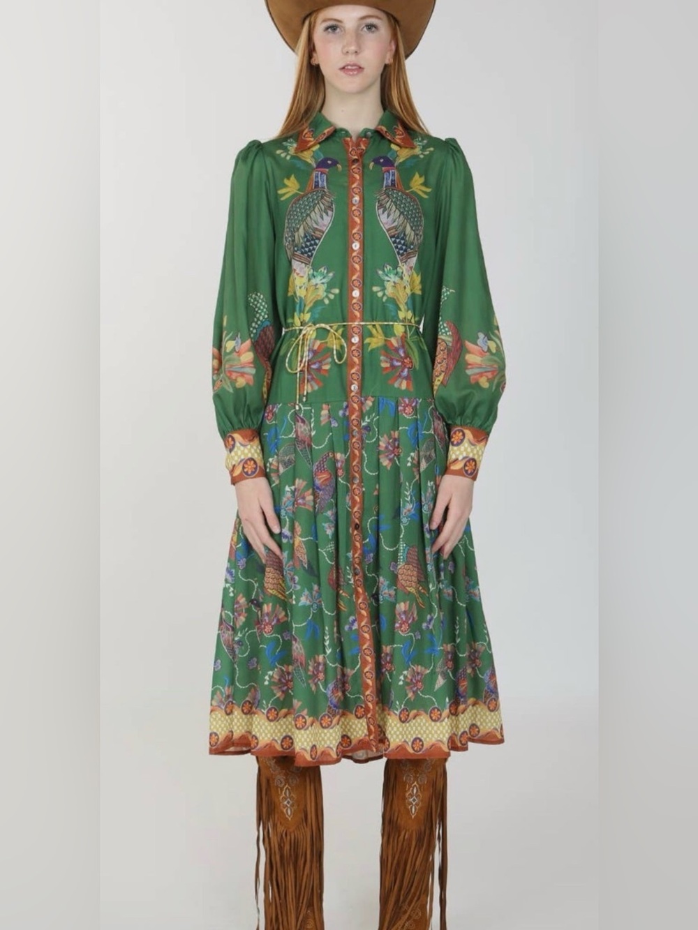 NWOT Beulah Green Button-Front Dress Bird Floral Motif SZ M pit2pit 19” 48” - Picture 9 of 10